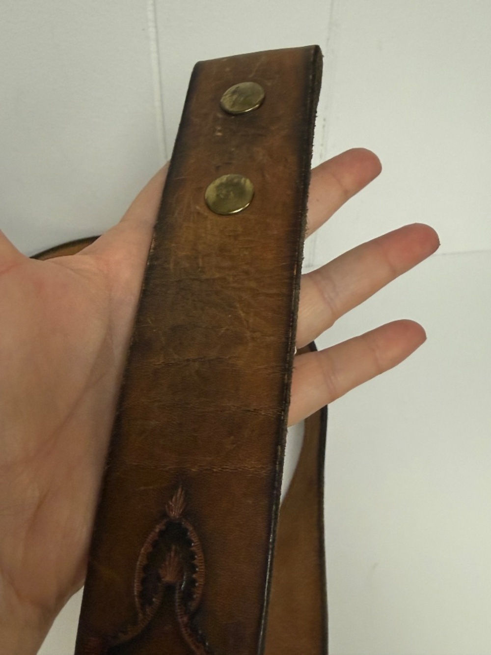 Vintage Tooled Brown Leather Belt Strap | Western Style | Snap-On Buckle Style - Picture 8 of 12